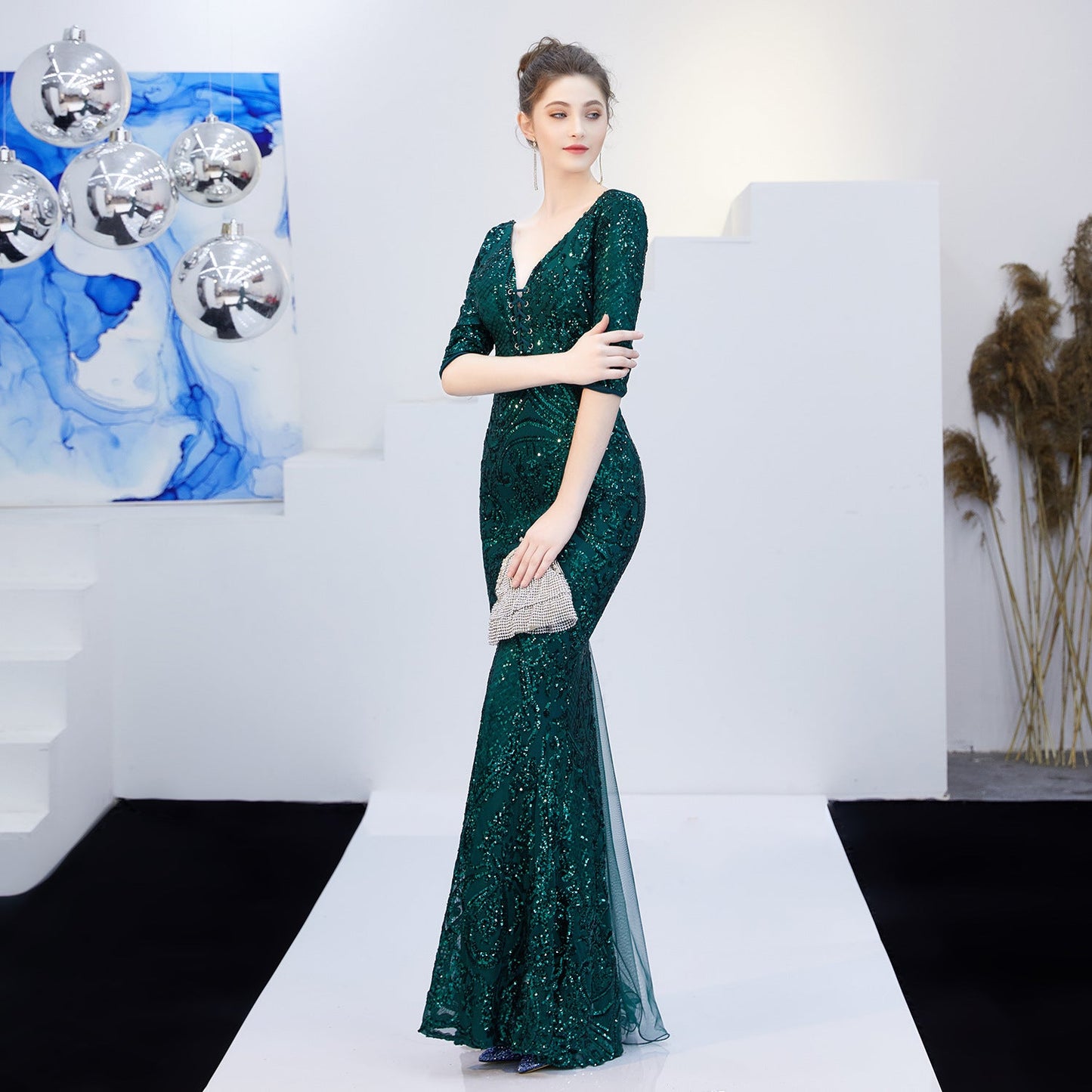 Neck Sequin Formal Dress