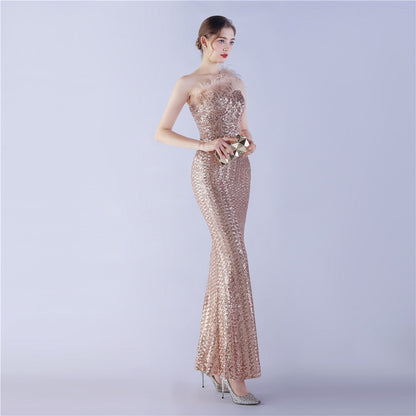 Ostrich Fur One-Shoulder Slant Neck Beaded Maxi Formal Dress