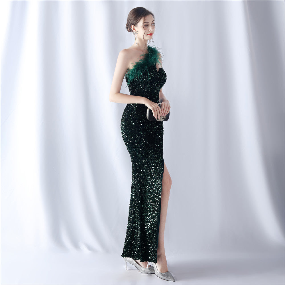 Ostrich Velvet Bottom One Shoulder Formal Dress