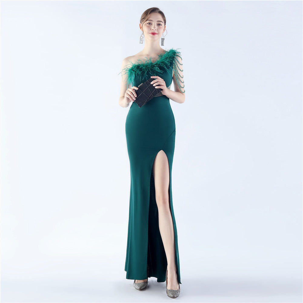 Fur Slant Neck One Shoulder Formal Dress