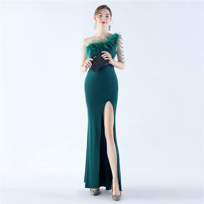 Fur Slant Neck One Shoulder Formal Dress