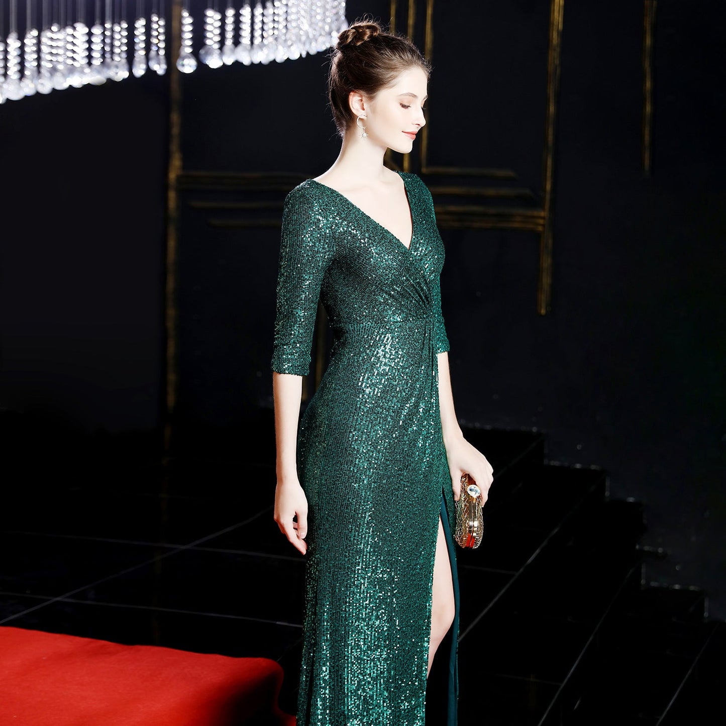 Long Sleeve Sequin Fishtail Formal Dress