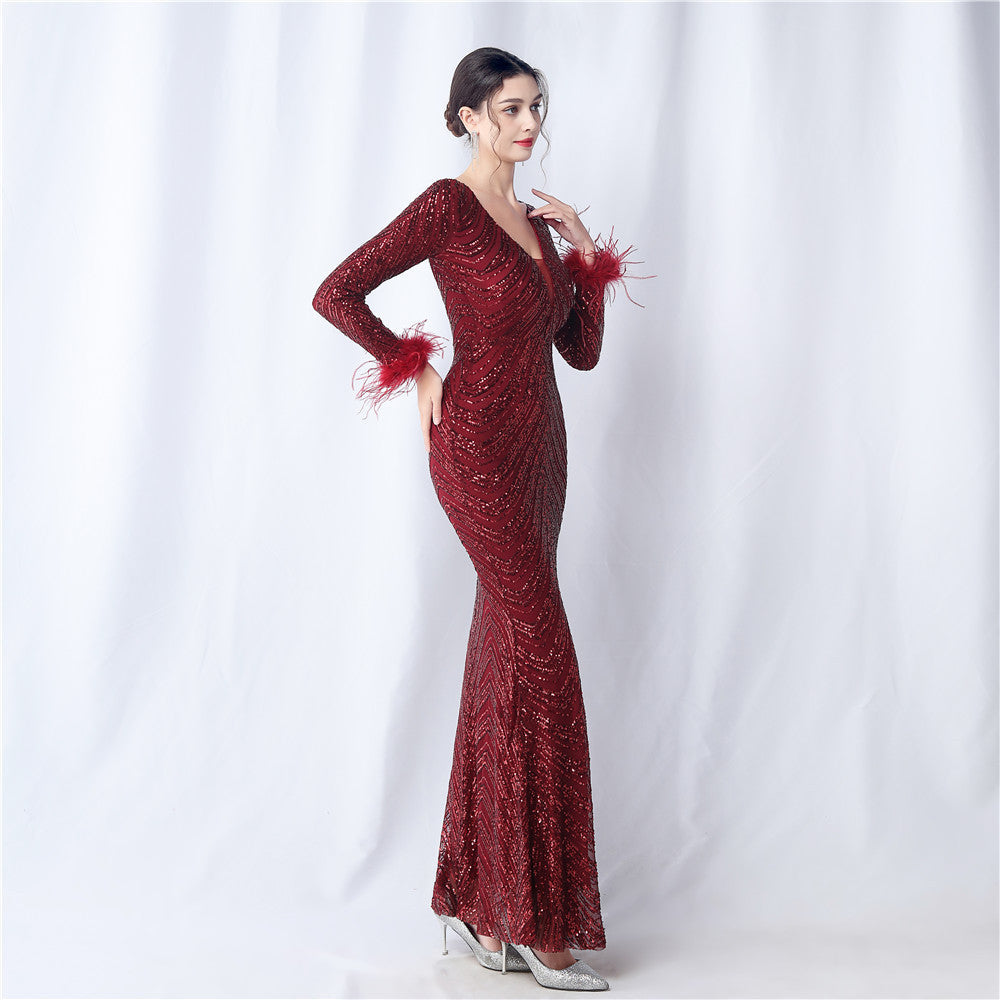 Ostrich Fur Long Sleeve Formal Dress