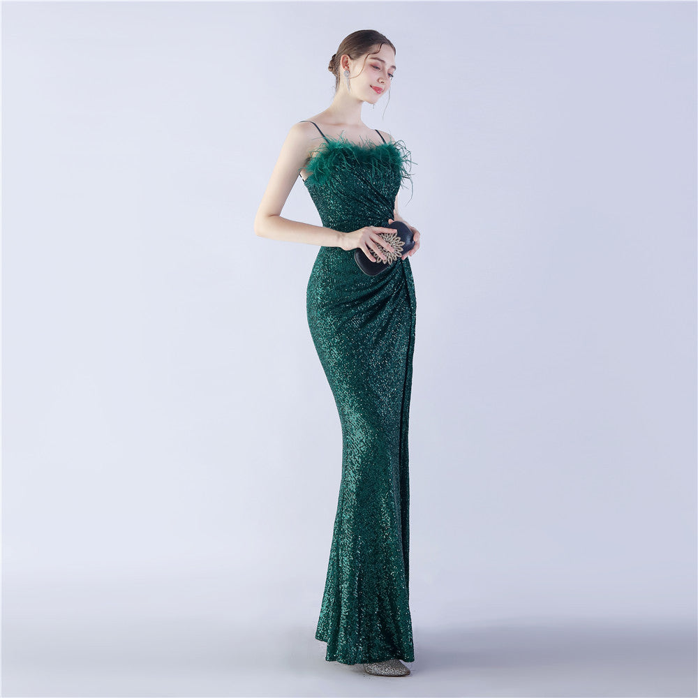 Ostrich Beaded Side Split Formal Dress