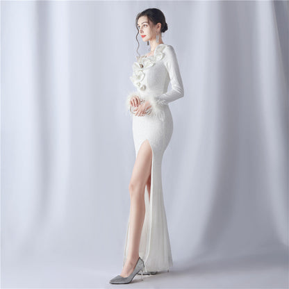 Ostrich Wave Beaded Formal Dress