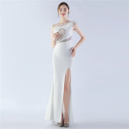 Fur Rhinestone Formal Dress