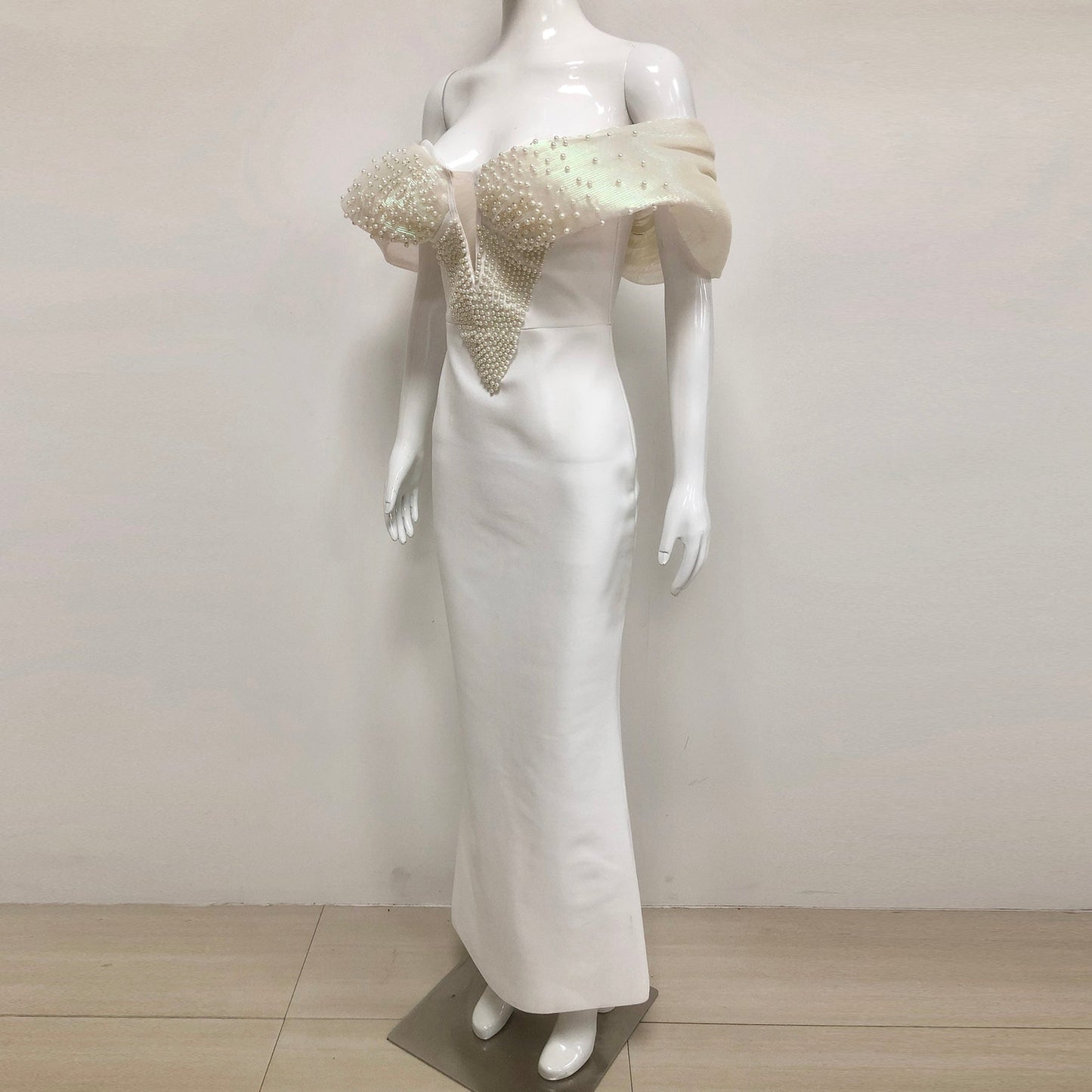 Off-Shoulder pearl embellished bodycon maxi dress in white