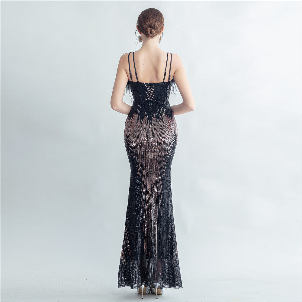 Ostrich Fur Halter Formal Dress