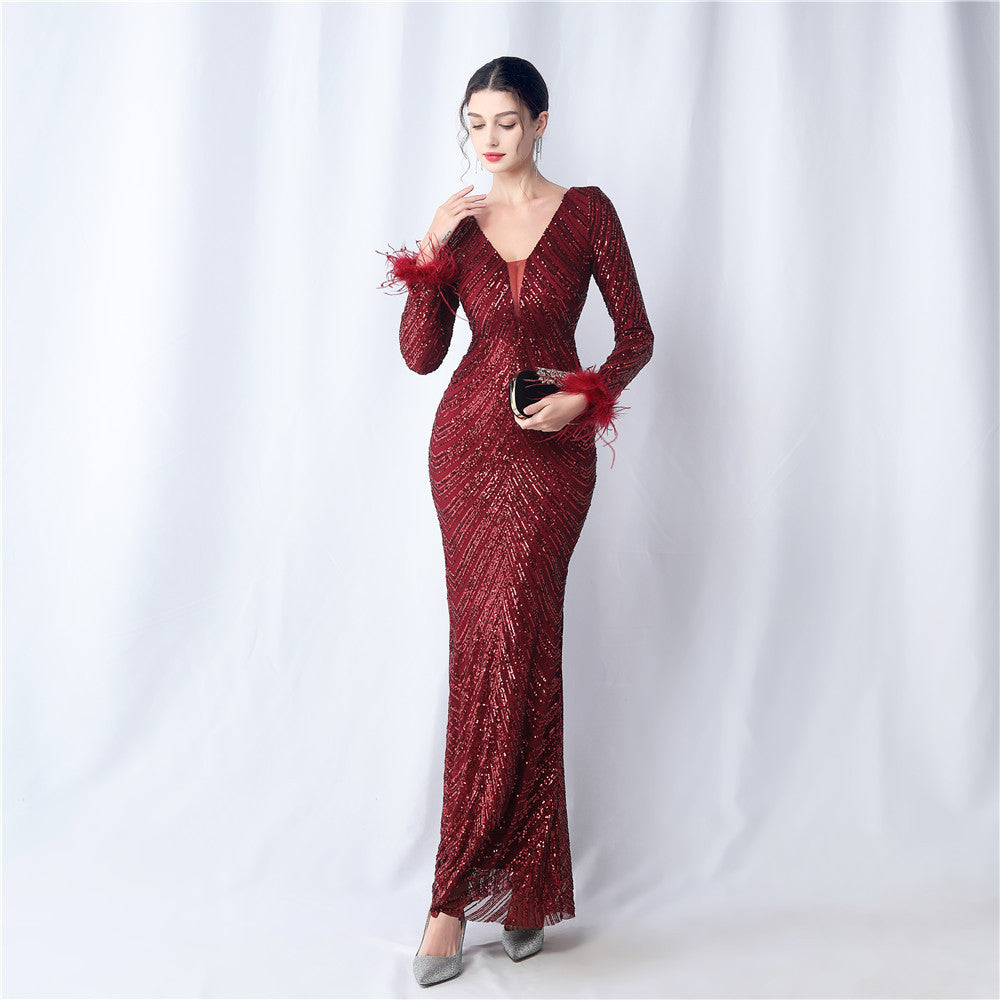 Ostrich Fur Long Sleeve Formal Dress