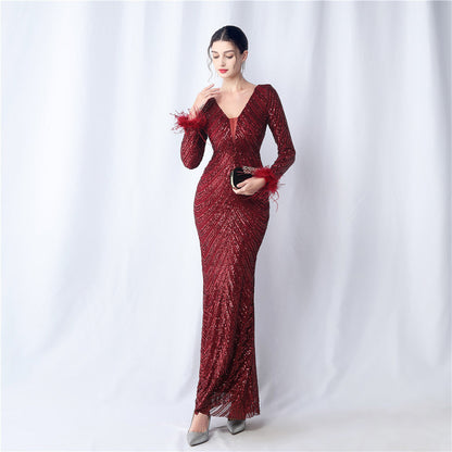 Ostrich Fur Long Sleeve Formal Dress