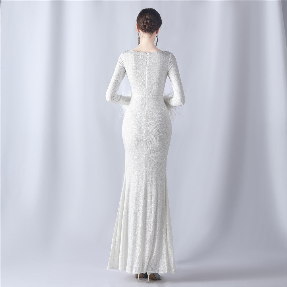 Ostrich Wave Beaded Formal Dress