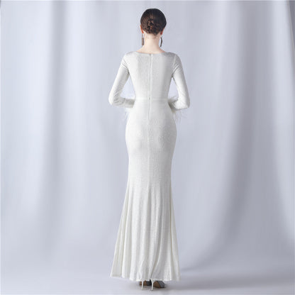 Ostrich Wave Beaded Formal Dress