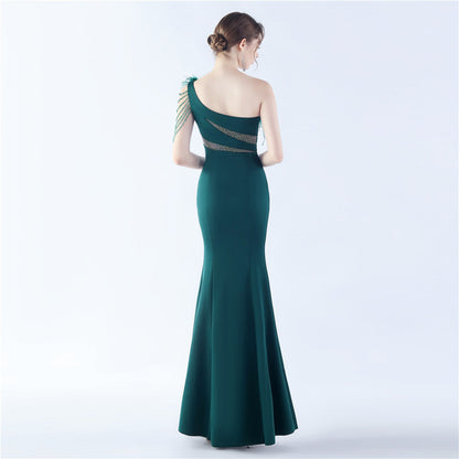 Fur Slant Neck One Shoulder Formal Dress