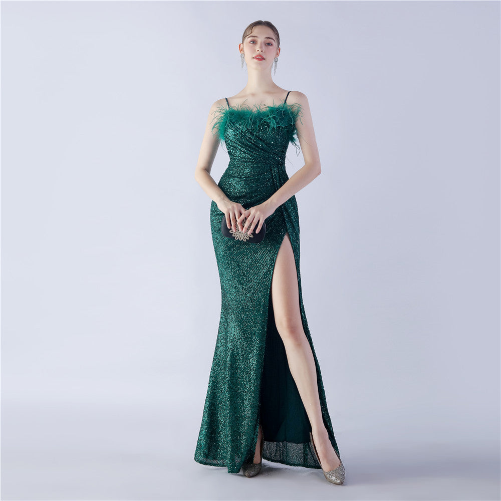 Ostrich Beaded Side Split Formal Dress