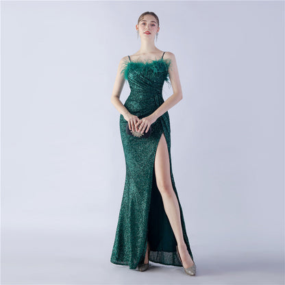 Ostrich Beaded Side Split Formal Dress