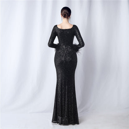 Ostrich Fur Long Sleeve Formal Dress