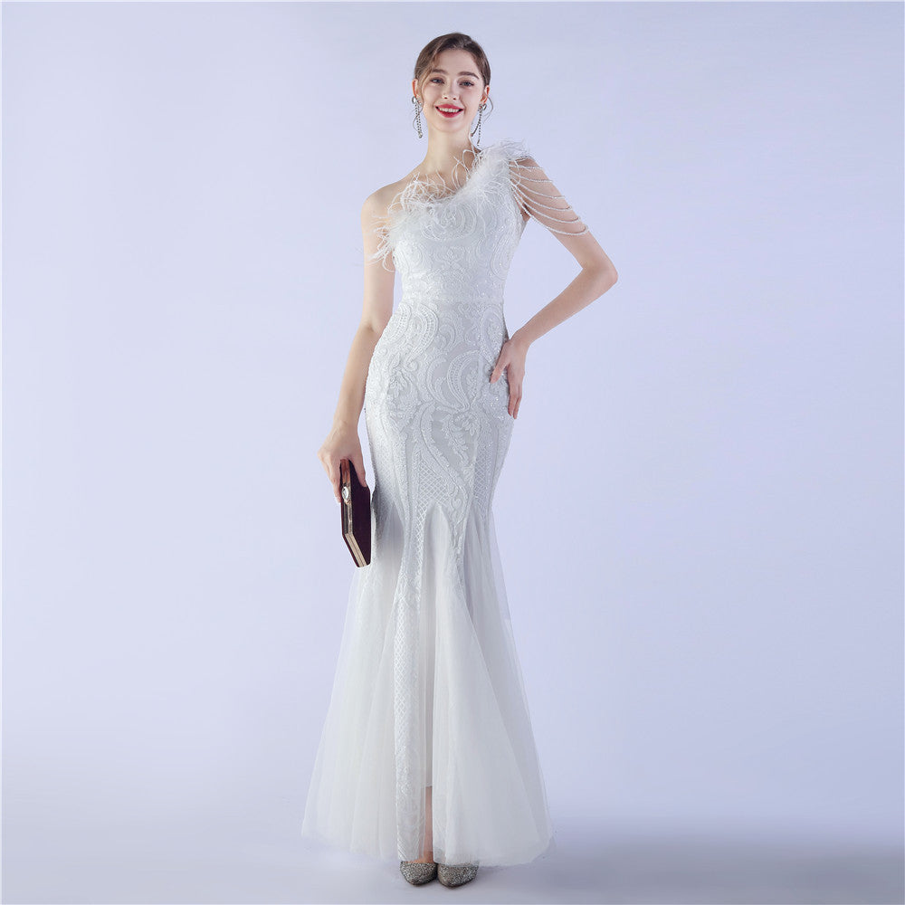 Beaded and Ostrich Fur Sequined Formal Dress