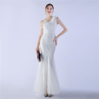 Beaded and Ostrich Fur Sequined Formal Dress