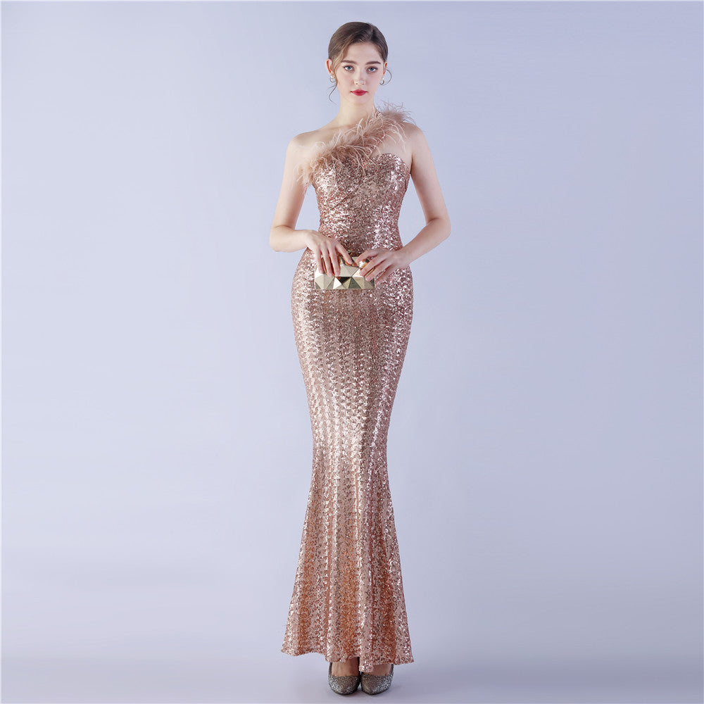 Ostrich Fur One-Shoulder Slant Neck Beaded Maxi Formal Dress