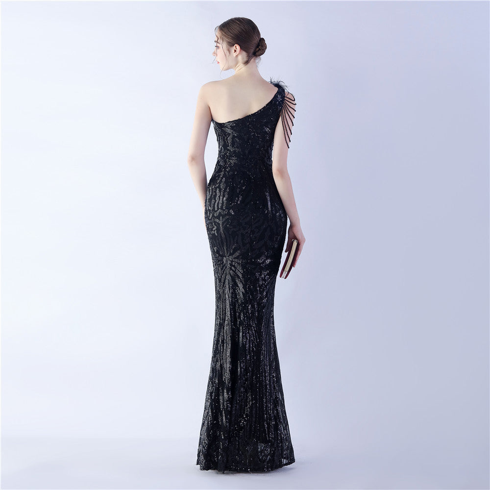 Fur Slant Neck One Shoulder Formal Dress