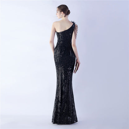 Fur Slant Neck One Shoulder Formal Dress