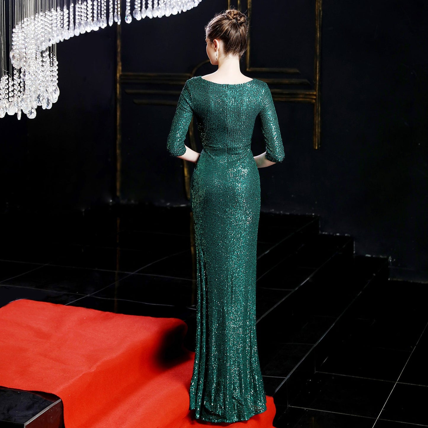 Long Sleeve Sequin Fishtail Formal Dress