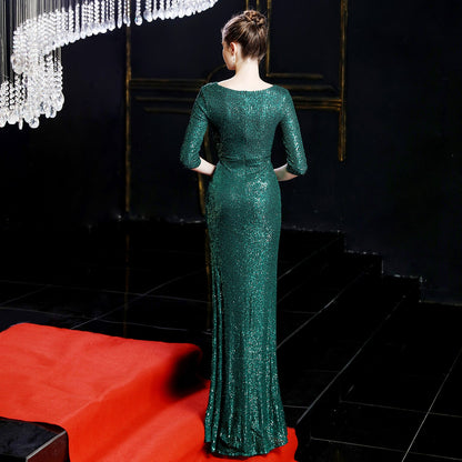Long Sleeve Sequin Fishtail Formal Dress