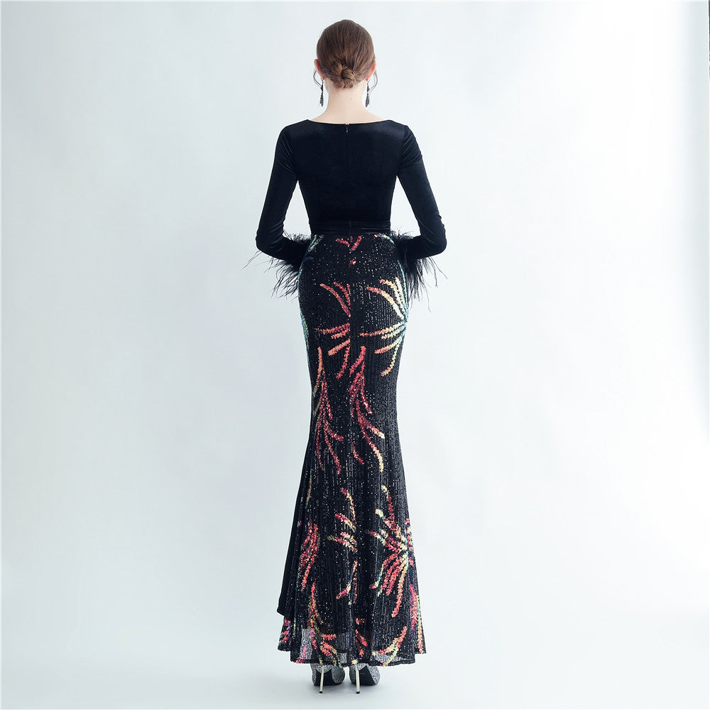 Ostrich Beaded Velvet Side Split Formal Dress