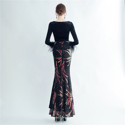 Ostrich Beaded Velvet Side Split Formal Dress