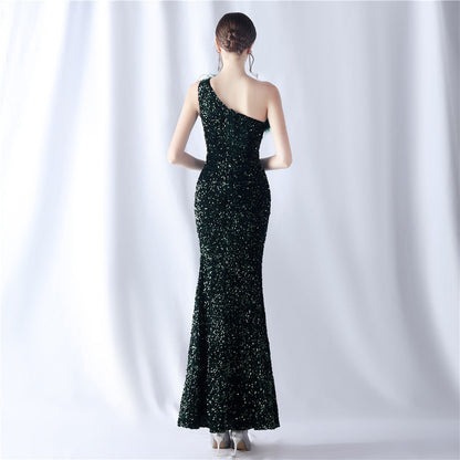Ostrich Velvet Bottom One Shoulder Formal Dress