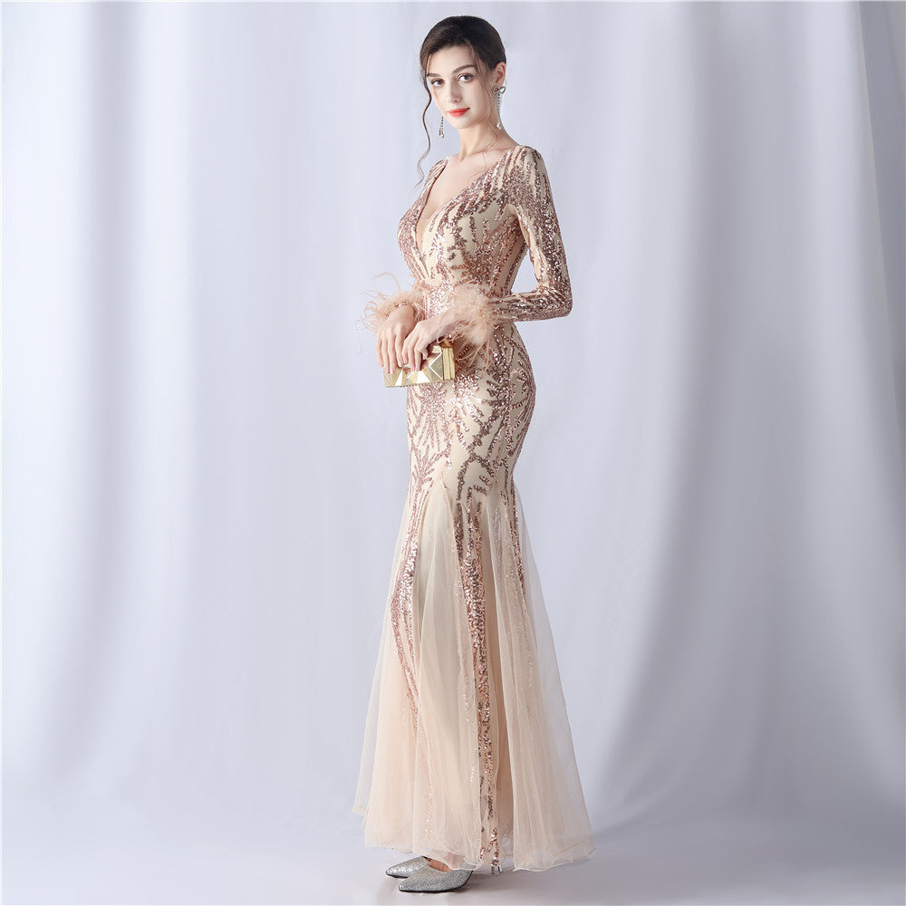 Ostrich Fur Mesh Beaded Formal Dresses