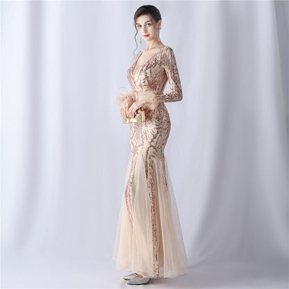 Ostrich Fur Mesh Beaded Formal Dresses