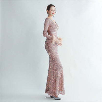 Split Long Sleeve Sequin Formal Dress