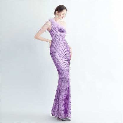 Fur Layered Beaded Formal Dress