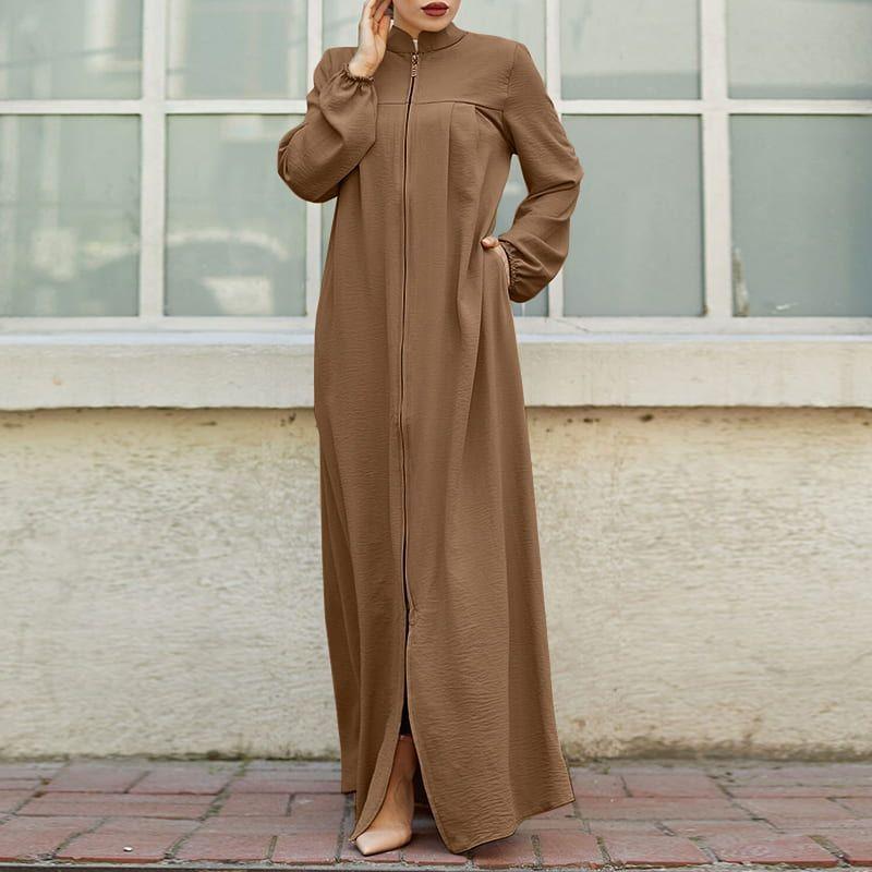 Muslim Style Arabic Style Stand-up Collar Zipper Pockets Abaya Casual Dresses