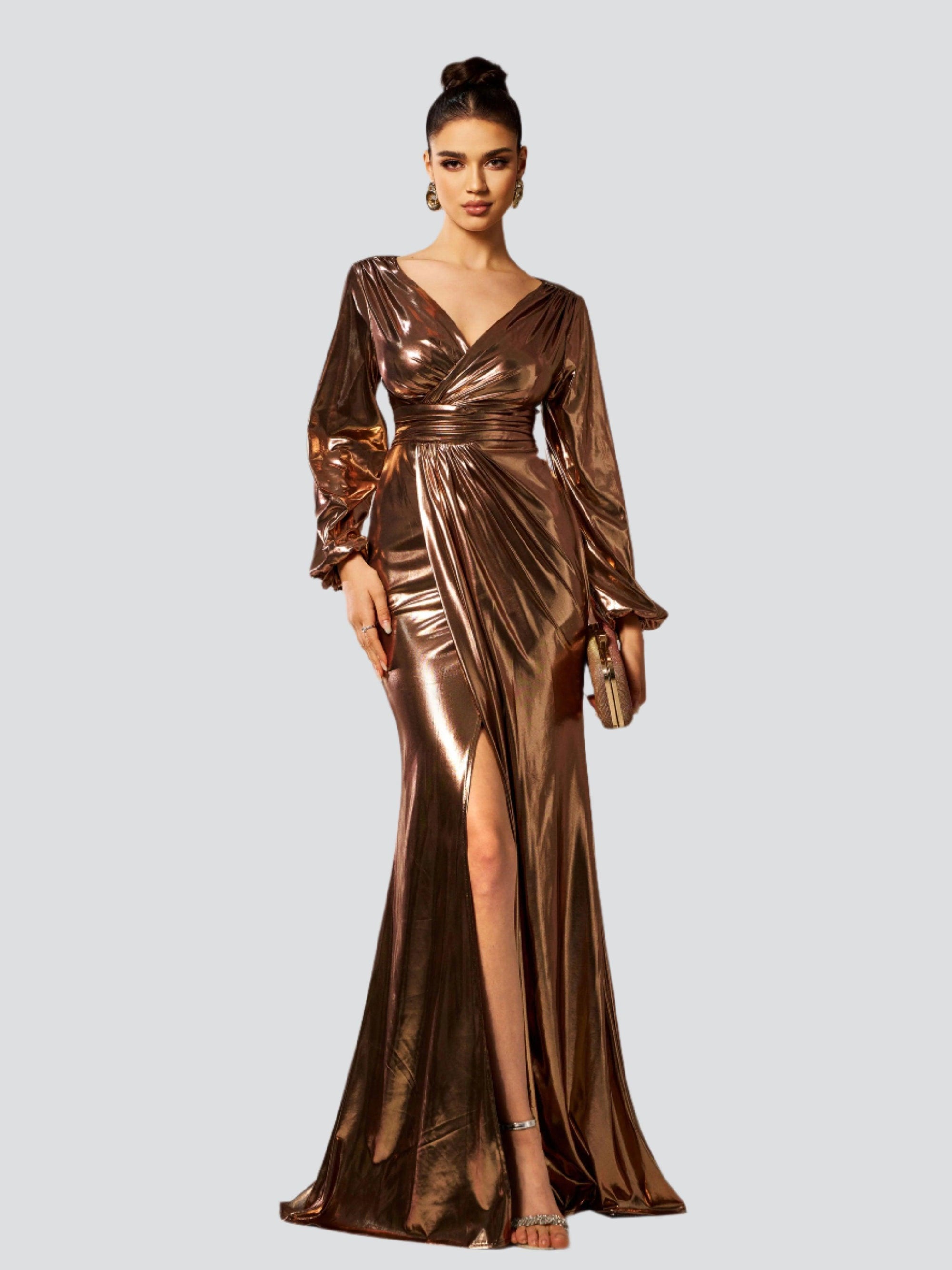 Wrap Long Sleeve Metallic Prom Dress
