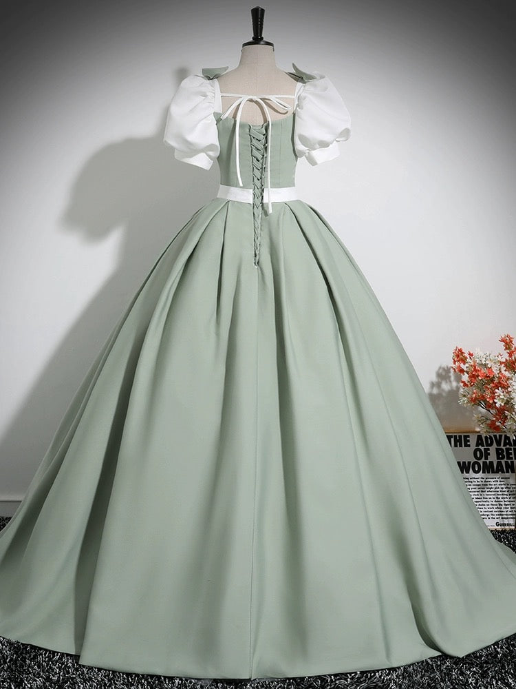 A-Line Puff Sleeves Satin Green Dress