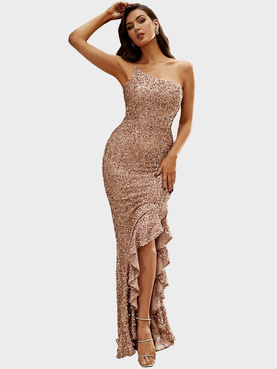 Spaghetti Strap Ruffled Gold Sequin Prom Dress