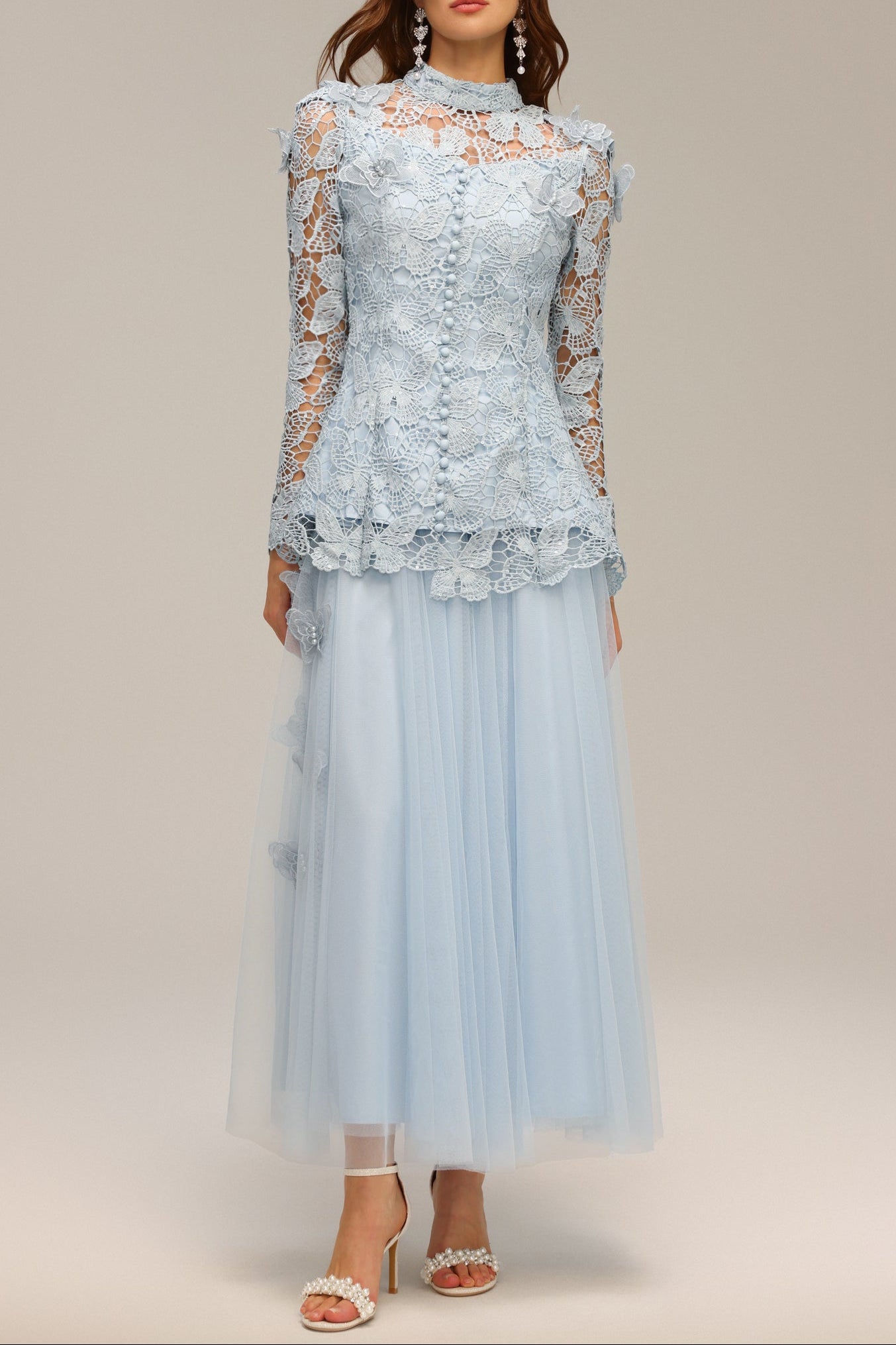 Yvette blu - Top e gonna a farfalla in pizzo con maniche lunghe e pieghe, set due pezzi