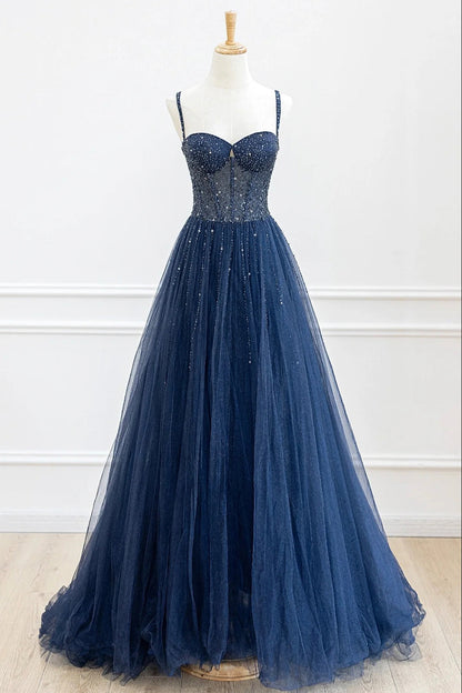 Blue Tulle Beaded Prom Dress