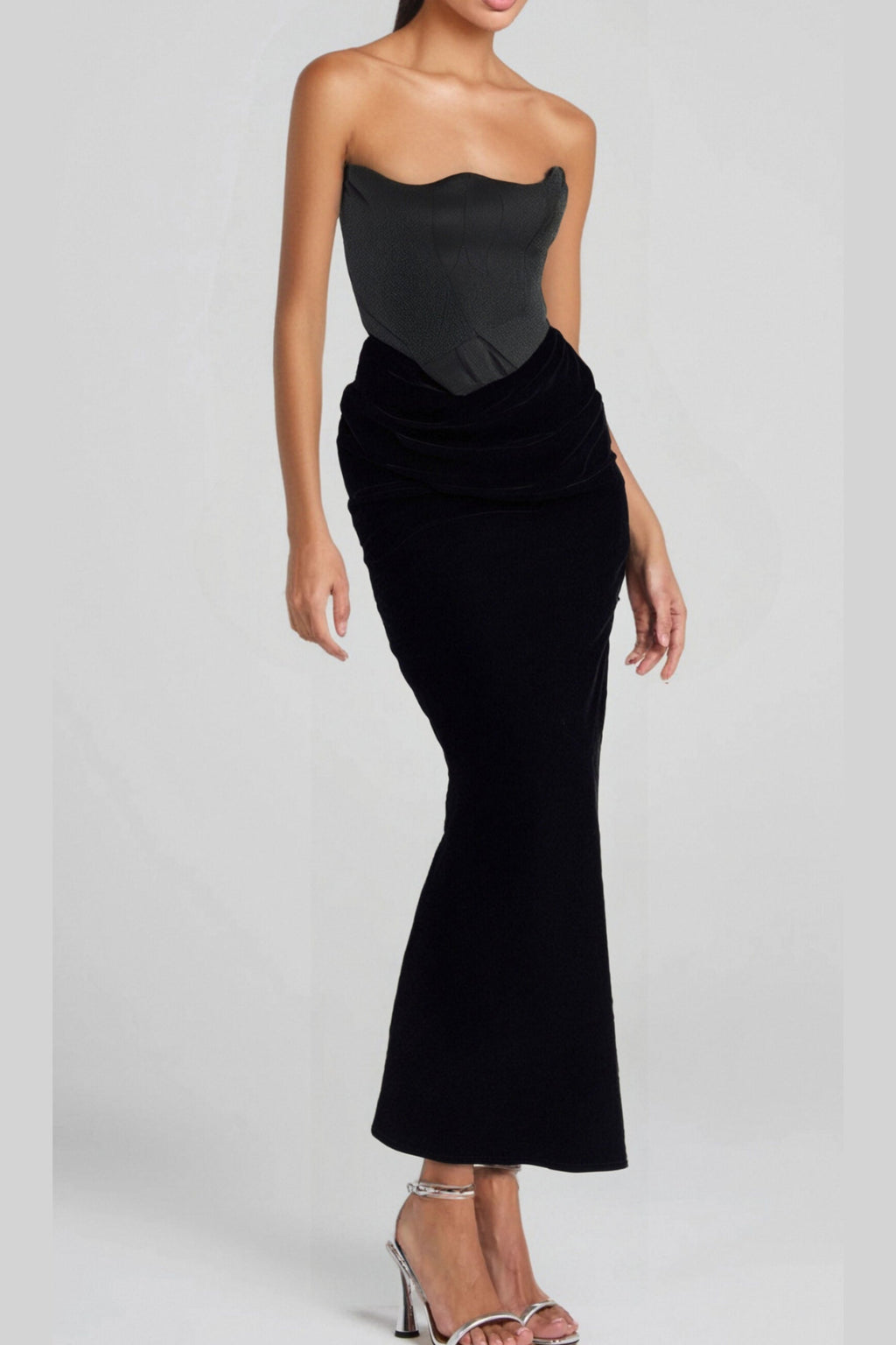 black velvet strapless corset maxi dress