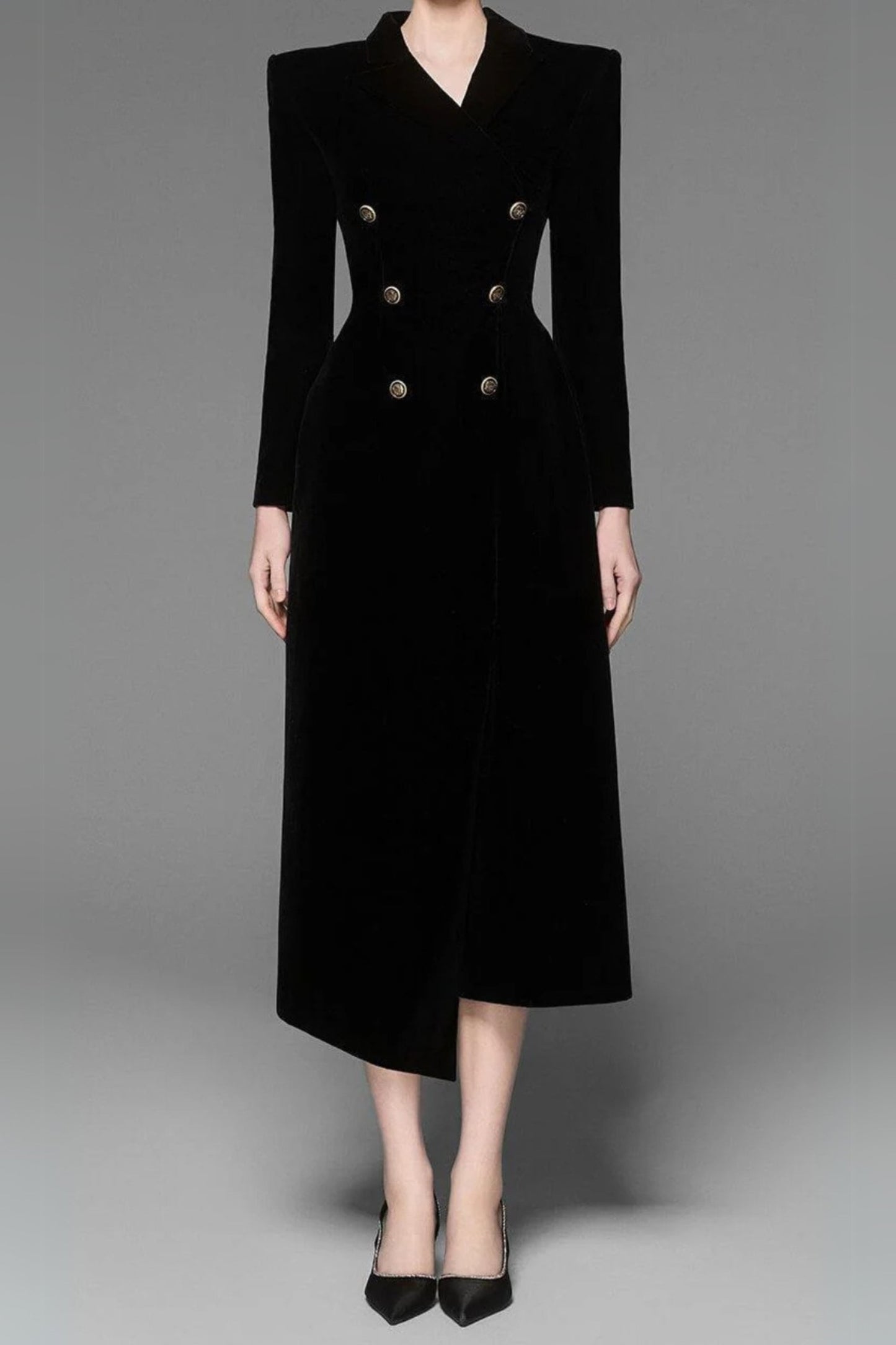 Caloria Asymmetric Notch Lapel Velvet Midi Dress