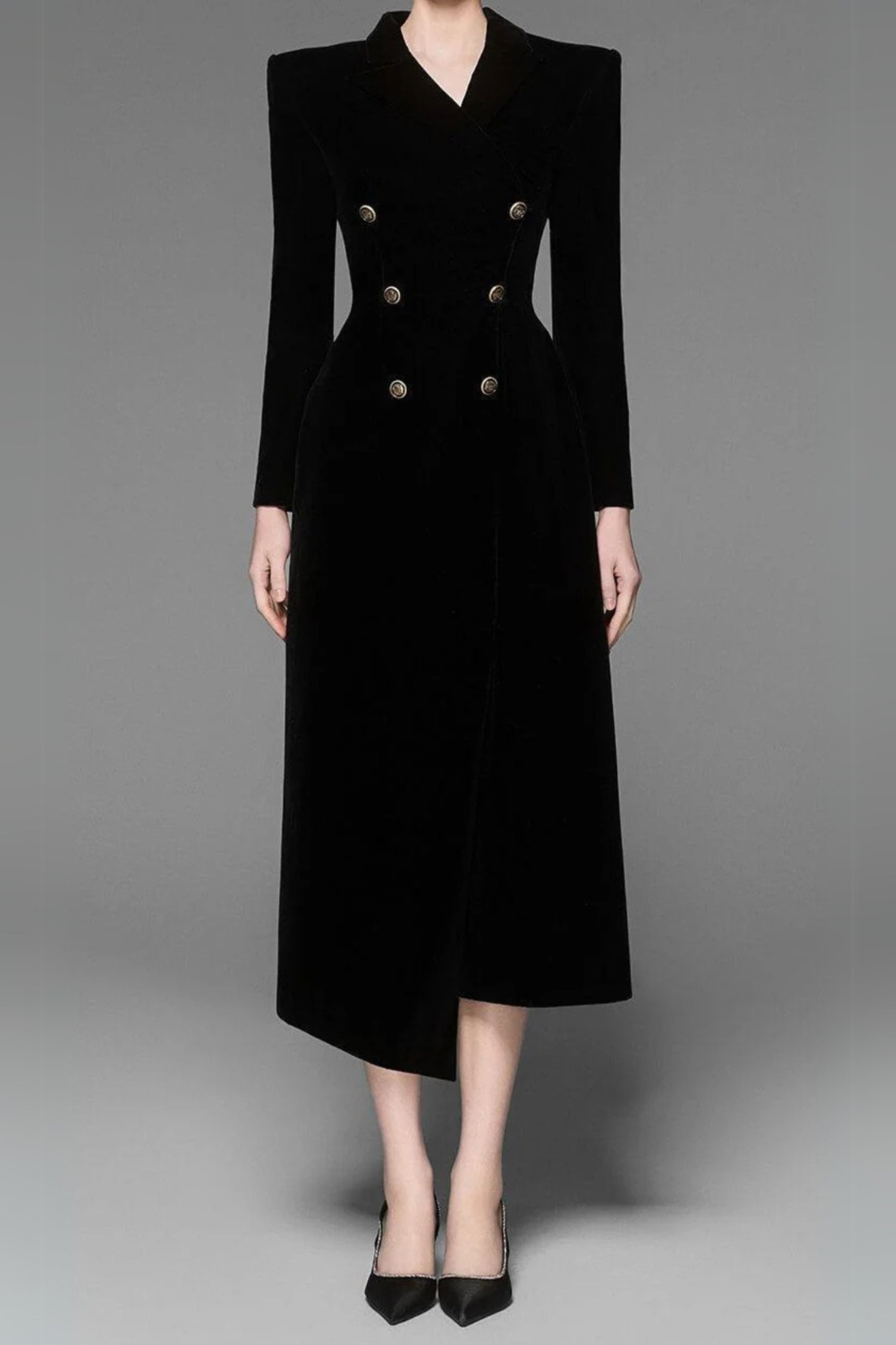 Caloria Asymmetric Notch Lapel Velvet Midi Dress