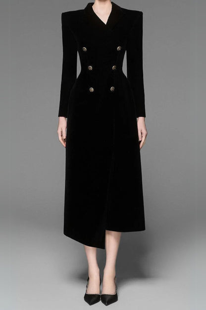 Caloria Asymmetric Notch Lapel Velvet Midi Dress