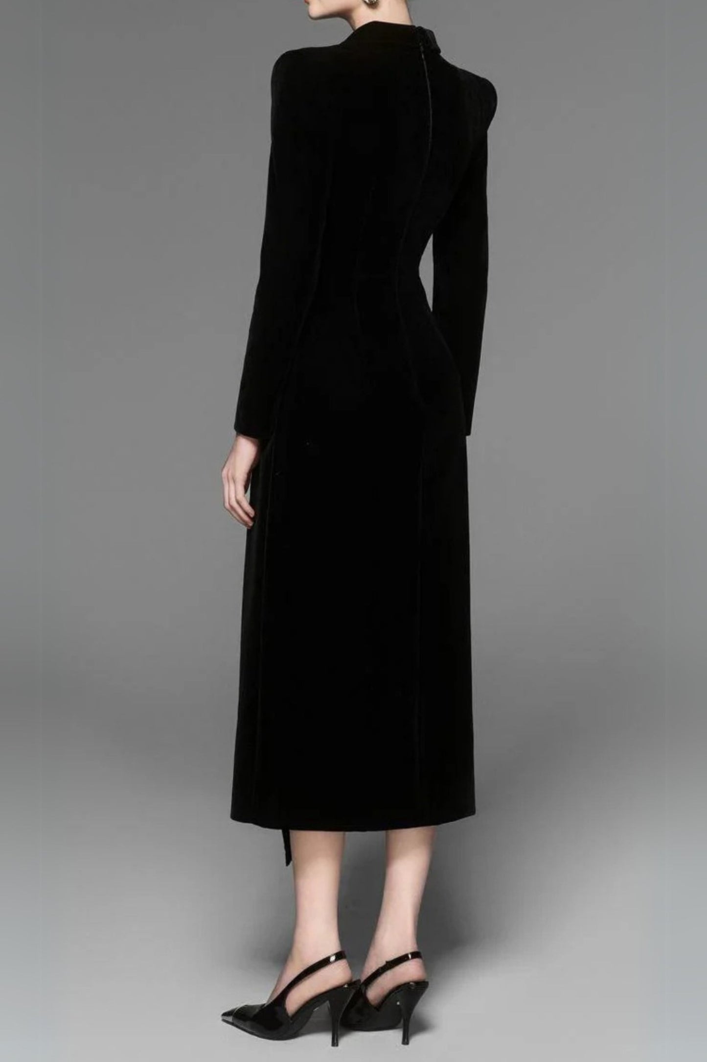 Caloria Asymmetric Notch Lapel Velvet Midi Dress