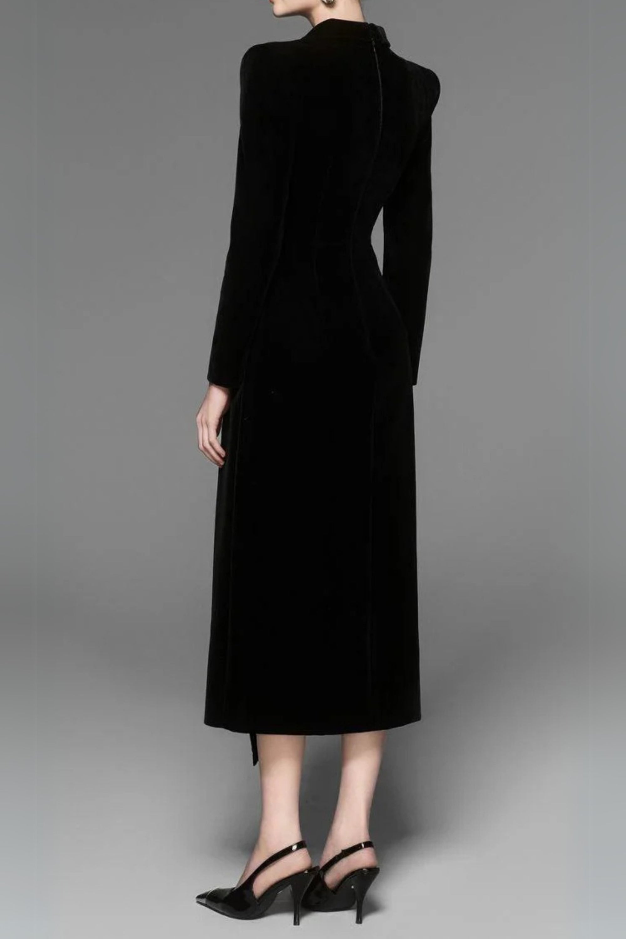 Caloria Asymmetric Notch Lapel Velvet Midi Dress
