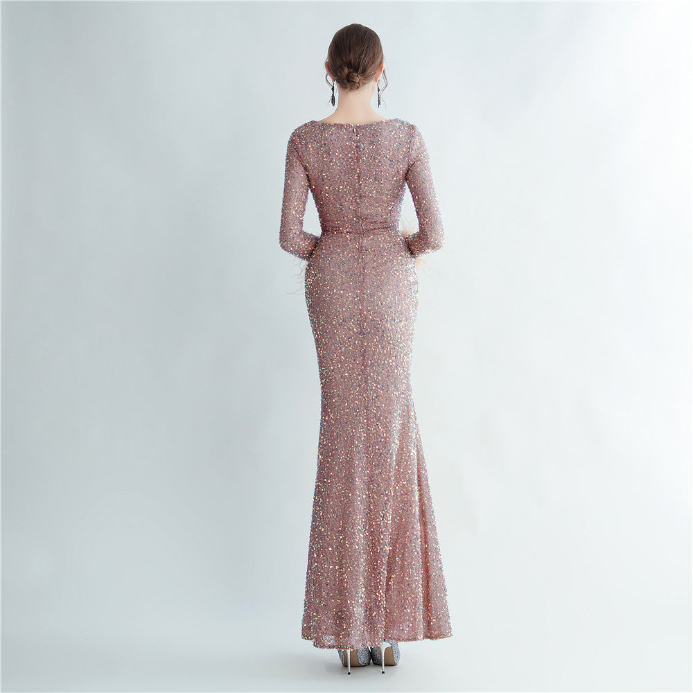 Split Long Sleeve Sequin Formal Dress