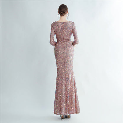 Split Long Sleeve Sequin Formal Dress
