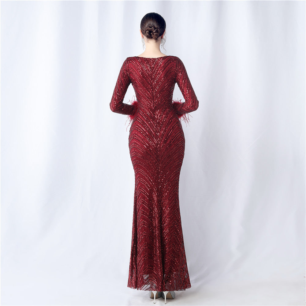 Ostrich Fur Long Sleeve Formal Dress