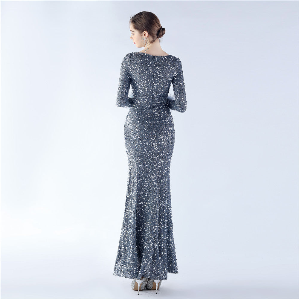 Ostrich Fur Long Sleeve Formal Dress